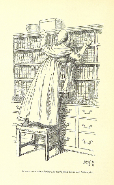 An older women woman in 19th-century dress, wearing a bonnet and shawl, stands on a stool in a library, peering closely at the bookshelves. A caption on the original image reads "It was some time before she could find what she looked for."