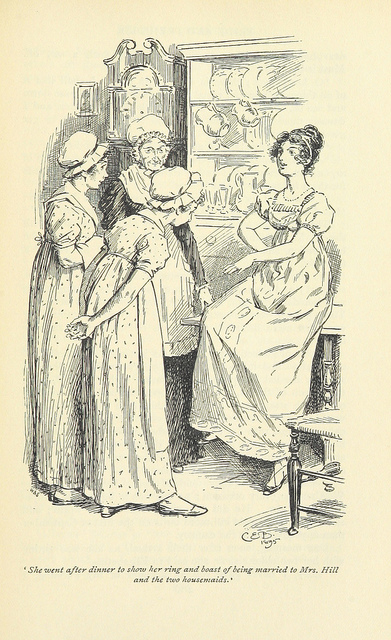 An illustration from a 19th-century edition of Pride and Prejudice, depicting Lydia showing off her wedding ring to the Bennet's housekeeper Mrs. Hill and two young female servants. Lydia is sitting on the edge of a table and looks pleased with herself. At the bottom of the image is the quote "She went after dinner to show her ring and boast of being married to Mrs. Hill and the two housemaids."