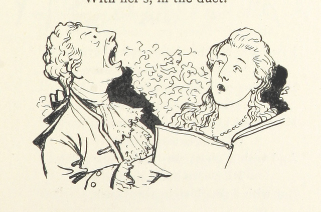 A man and a woman wearing 18th-century dress and hairstyles are reading a large book or newspaper, and looking outraged. The man appears to be saying something.