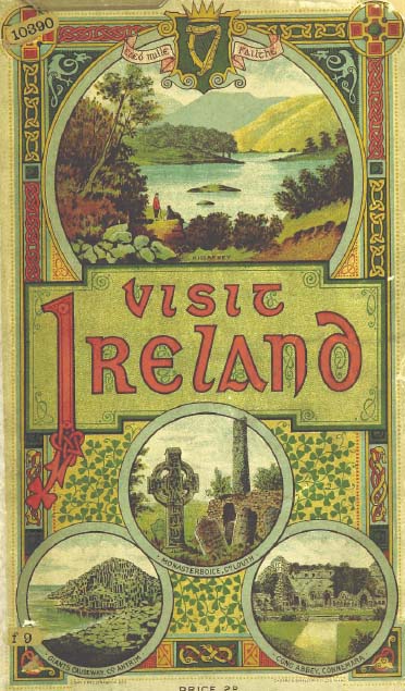 The ornate front cover of the 1890s tourist guide "Visit Ireland", with the title of the book in the centre. Below the title are various sketched views of Irish tourist attractions, inset in circular frames, including the Giant's Causeway, a graveyard scene with Celtic cross and round tower at Monasterboice, and Cong Abbey.
Above the title is a lakeside scene showing a small red-jacketed figue in the foreground and hills in the background. Above this picture is a crest showing an Irish harp, crowned, with the words "Cead Mille Failthe" appearing in a scroll to either side.