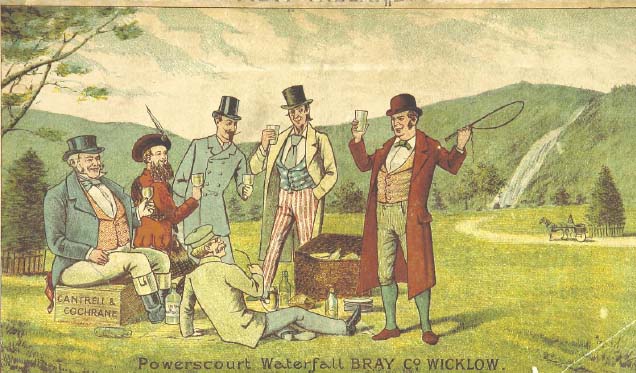 Illustration from the tourist guide, depicting a group of six well-dressed men enjoying a picnic in an attractive rural landscape, with the title "Powerscourt Waterfall BRAY CO. WICKLOW".  The waterfall itself can be seen in the background, as well as a horse and cart.  The gentlemen are wearing hats and seem to be raising their glasses in a toast. It is possible that their outfits are meant to represent different countries - one wears striped red trousers and a blue patterned waistcoat which vaguely resemble the Stars and Stripes. One man is seated on a crate which is labelled "Cantrell and Cochrane", the name of a company producing alcoholic drinks, which may indicate that this is an ad or product placement.