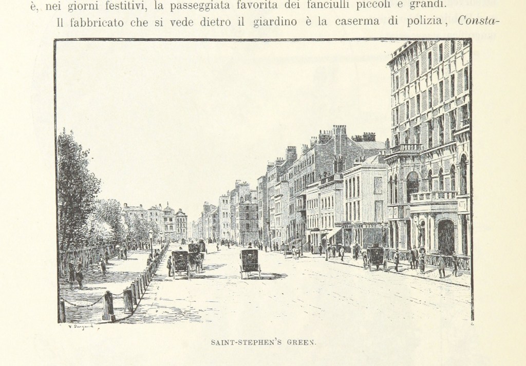 Pen and ink illustration of a street view, from Dublin in the 1890s, showing a park to the left, a main road with carriages and people in the centre, and a row of buildings to the right.