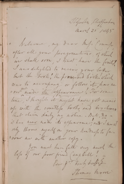 A handwritten note, slightly faded, with wobbly but clear handwriting. The signature is underlined. The letter has been stuck into a larger book and the pages are slightly pinkish in colour. A transcript of the letter is found in the main body of the text.