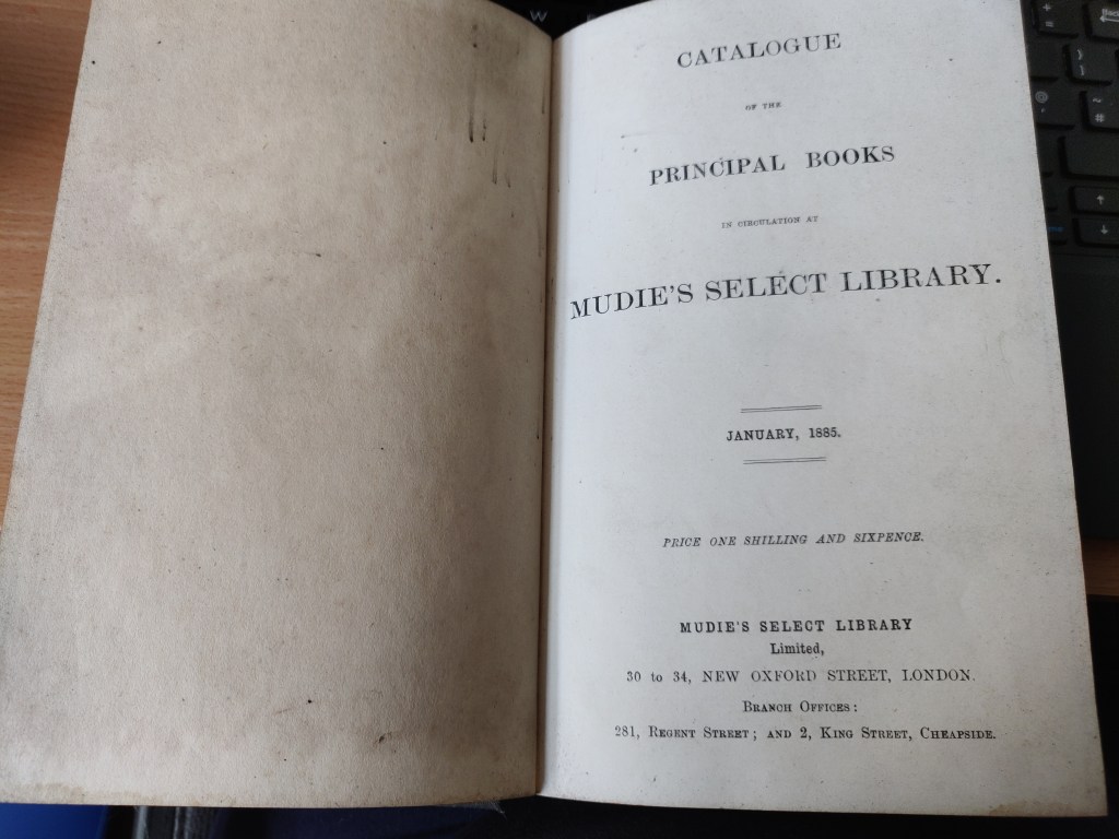 Photographic image of the title page of the "Catalogue of the Principal Books in Circulation at Mudie's Select Library. January, 1885. Price One Shilling and Sixpence."