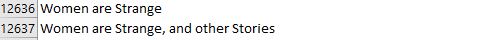 Snippet from an Excel spreadsheet, showing two entries. The first is "12636: Women are Strange". The second is "12637: Women are Strange, and other Stories"