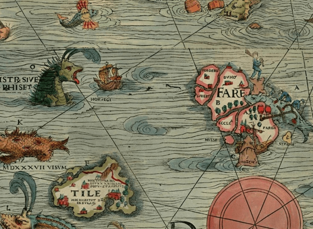 Detail of an area of ocean from a coloured map of Scandinavia from 1539. The Faroe islands are shown to the right of the image and various labels in Latin are visible, while in the top left an enormous green sea monster is menacing a tiny ship with red and yellow sails. The sea monster has dark green spikes on its back and is open-mouthed, with water coming from two spouts on top of its head.