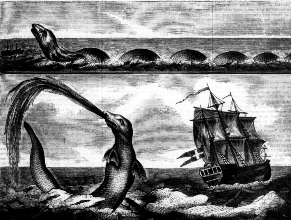 Black and white engraving of a sea monster and a ship at sea. The monster is standing out of the water to the left foreground and looks a bit like a seal, with vestigial fins. It's spouting water from its mouth. The ship on the right is in the background of the picture and appears to be heading away from the monster. It's three-masted and is flying a dark flag with a white cross on it.