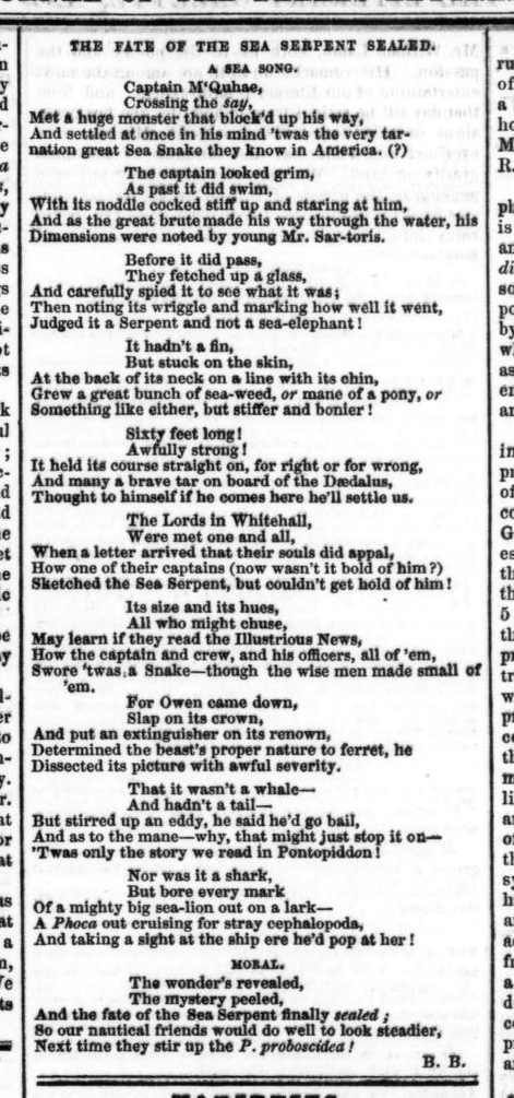 Page from the Literary Gazette showing the poem "The Fate of the Sea Monster Sealed", in black and white newsprint. A transcript of the complete poem can be found at the end of this blog post.