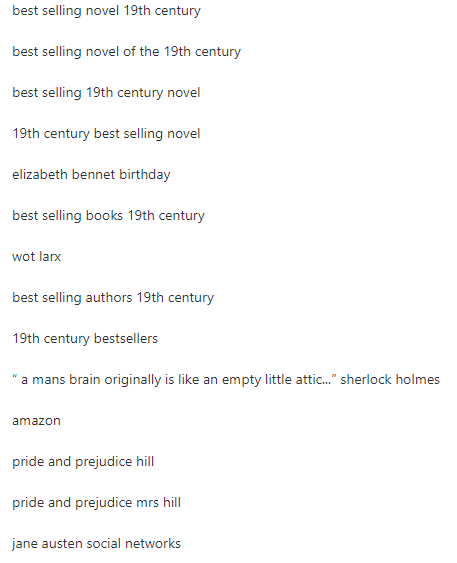 A list of around fifteen search terms, most of which are variations on "best selling novel 19th century". The exceptions are "elizabeth bennet birthday", "wot larx", "a man's brain is a little like an empty attic sherlock holmes", "amazon", and a few relating to Jane Austen's social networks