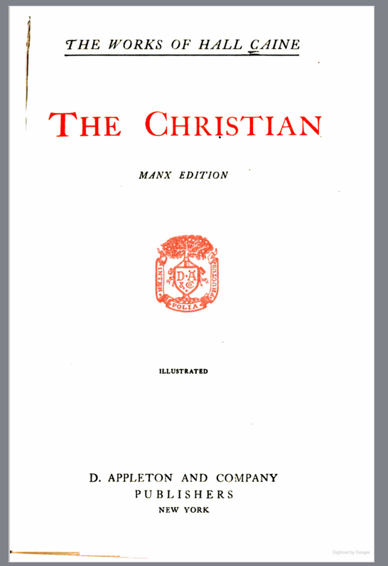 Fron page of Hall Caine's The Christian (no date), with a small decorative inset logo. The logo and book title are in red, while the rest of the text is in black.