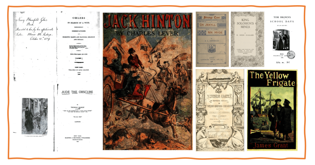 Collage of front covers from a selection of 19th-century novels including Jack Hinton, Jude the Obscure, King Solomon's Mines, and The Yellow Frigate.