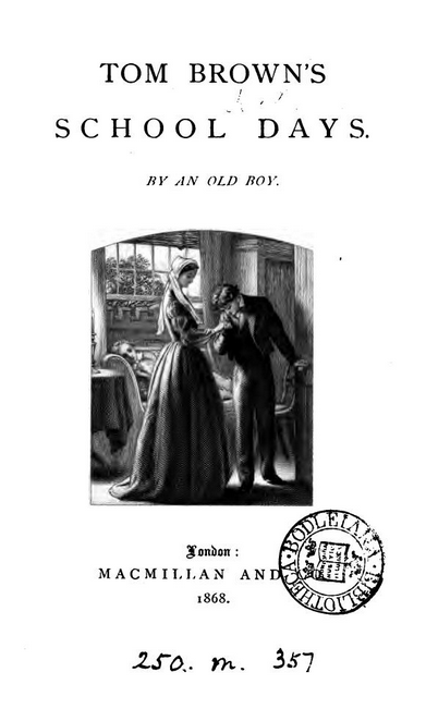 Title page of Tom Brown's Schooldays, with inset illustration of a scene from the book. Tom Brown, who looks very young, and a woman wearing a bonnet, are standing in a room in front of a window which looks out on some trees. Another man lies on a chaise-longue behind them.