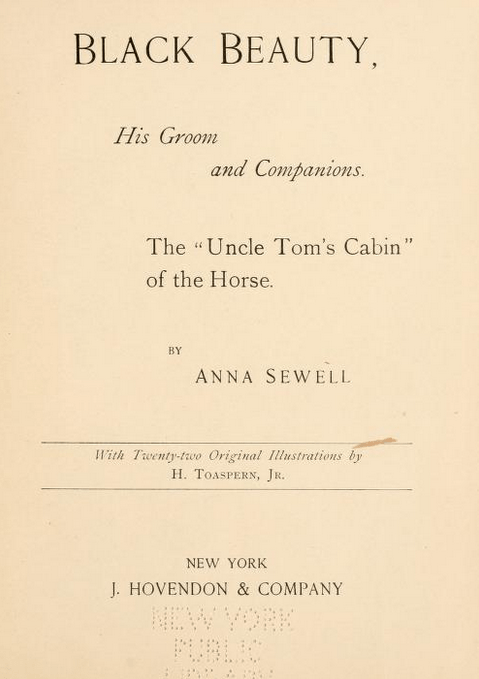 Plain title page of Black Beauty, His Groom and Companions, on cream-coloured paper, by J. Hovenden & Company, New York. A subheading describes the book as "The Uncle Tom's Cabin of the Horse".