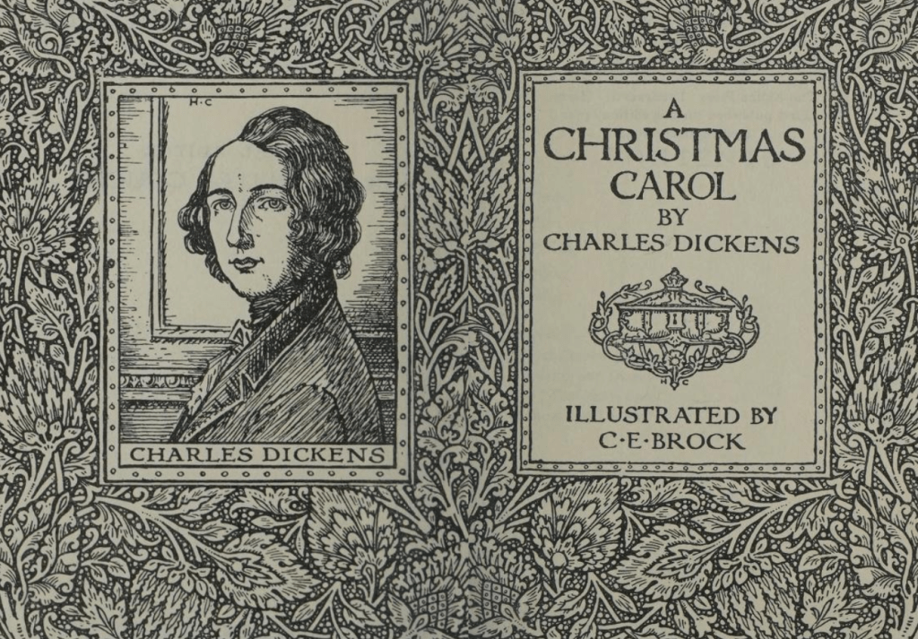 Frontispiece of a 1950s edition. The left page features an inset woodcut-style illustration of a young Dickens with wavy hair, turned to his left. The right page has an inset title with title, author, and a decorative element. Both insets are surrounded by ornate leafy and floral motifs.