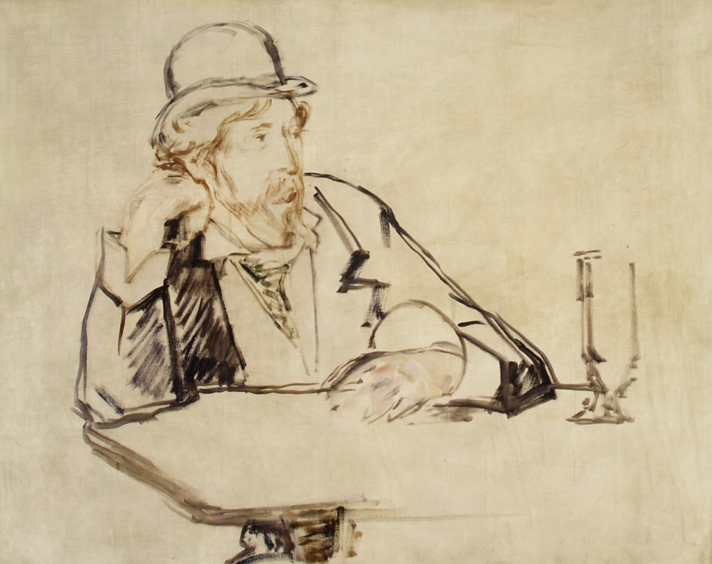 A pen-and-ink sketch on yellowed paper. George Moore is a young man with curly light-coloured hair and a goatee, wearing a jacket over a shirt with a dark, loosely-knotted tie, and a bowler hat. He is pictured sitting at a table in a cafe, with an empty glass in front of him. His chin leans on his right elbow and he is looking to the left, perhaps speaking or about to speak.]