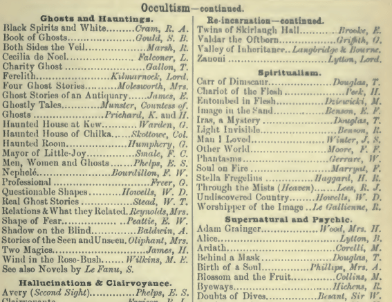 Close-up of page 715 from Mudie's 1907 catalogue, showing listings for the category of "Occultism" under the sub-headings "Ghosts and Hauntings", "Hallucinations and Clairvoyance", "Re-incarnation - continued", "Spiritualism", and "Supernatural and Psychic".