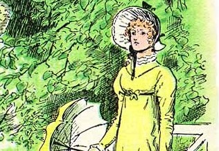 The image Elizabeth Bennett outdoors, win a yellow dress with a bonnet and parasol. In the background there is a bench and some greenery. Elizabeth Bennet illustration for the 1895 edition of Pride and Prejudice. By C. E. Brock. Source: https://commons.wikimedia.org/wiki/File:Elisabeth_Bennet_(détail).jpg 