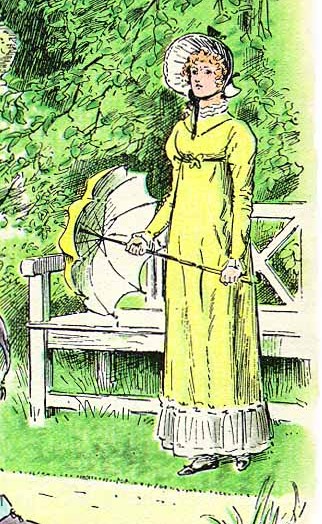 Elizabeth Bennett standing with an umbrella. Draws an image of the atmosphere for the story.